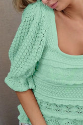 BiBi Square Neckline with Puff Sleeve Crochet Top OutfitFlow